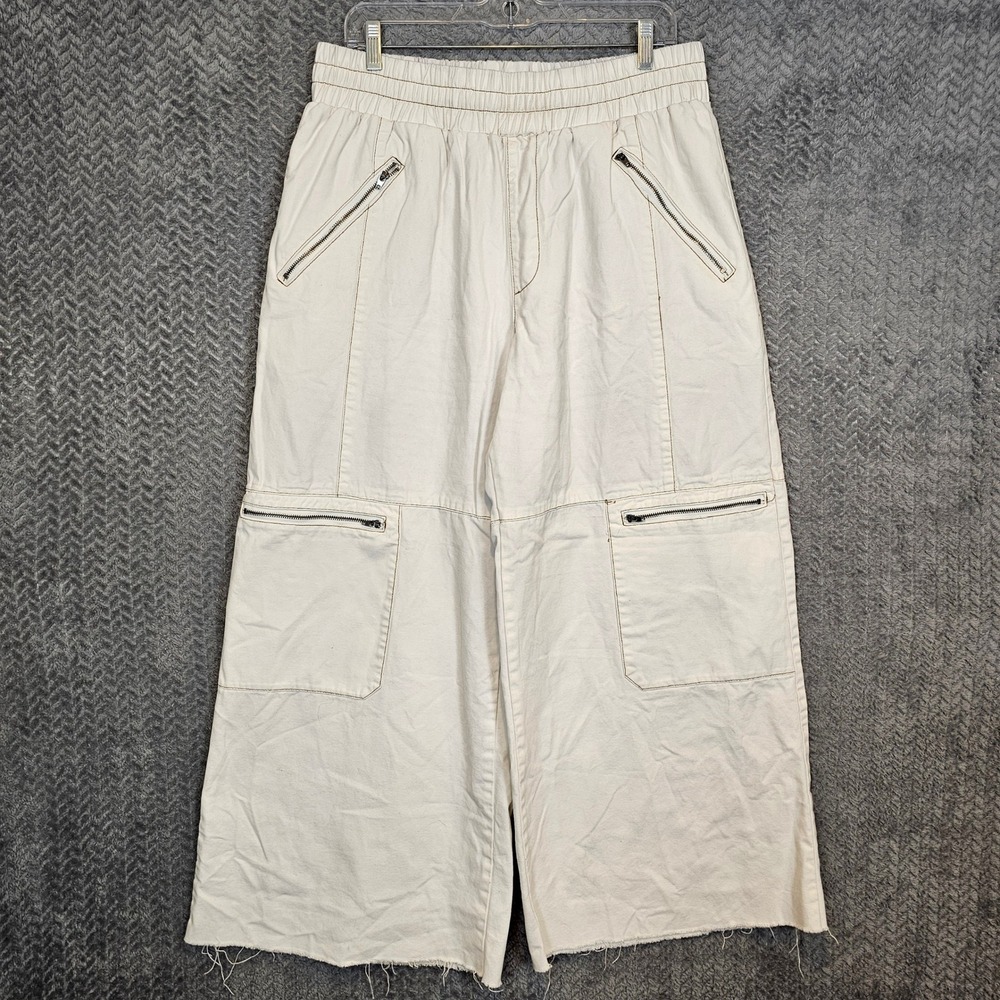 Y2K Skater‎ Baggy Forever 21 XL Cream Wide Leg Cargo Pants Elastic Waist Raw Hem